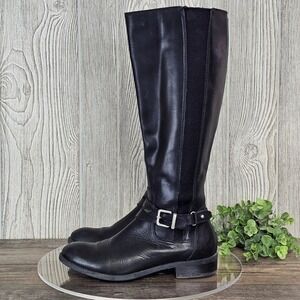 Clarks Pita Vienna Women's‎ 7.5 Black Leather Tall Riding Boots Buckle Stretch